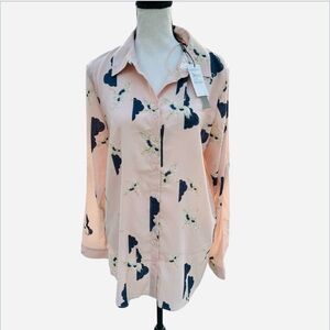 Tahari Blouse Bird Asian Crane Print Button Shirt Women Sz Med Pink Chic